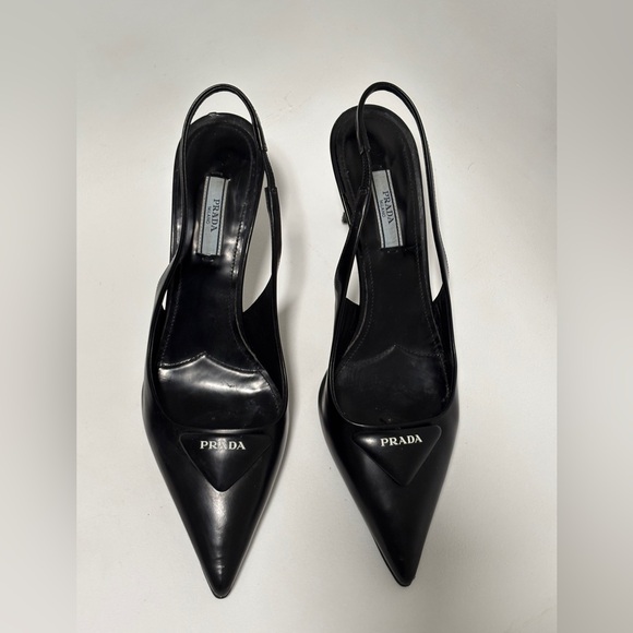 PRADA Pointy Black Pointed SlingBack With Logo Triangle Accent Size 37.5 - Picture 9 of 11